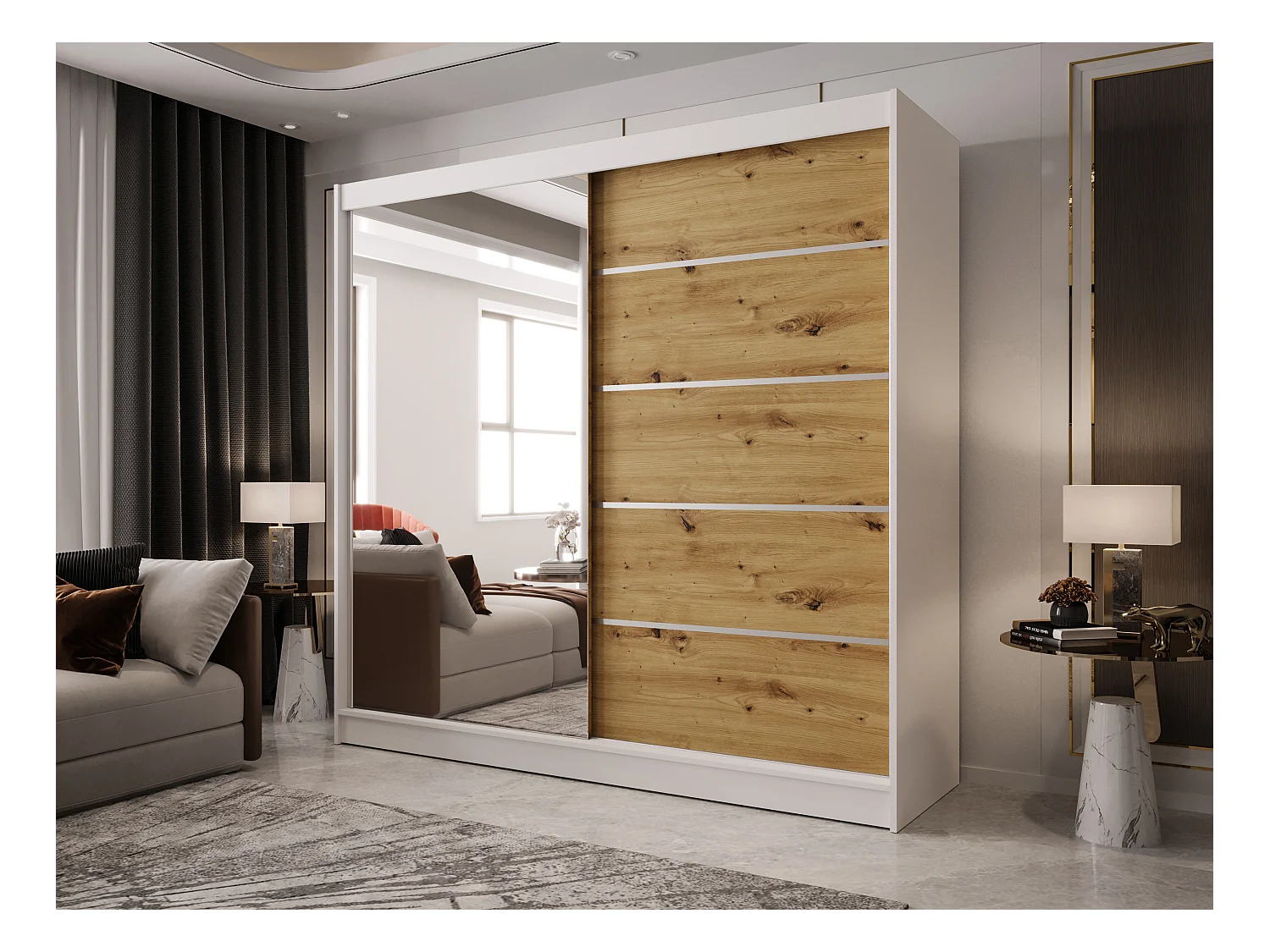 Zweitüriger Schiebeschrank mit Spiegel BOSTON  B3 Weiß/Artisan