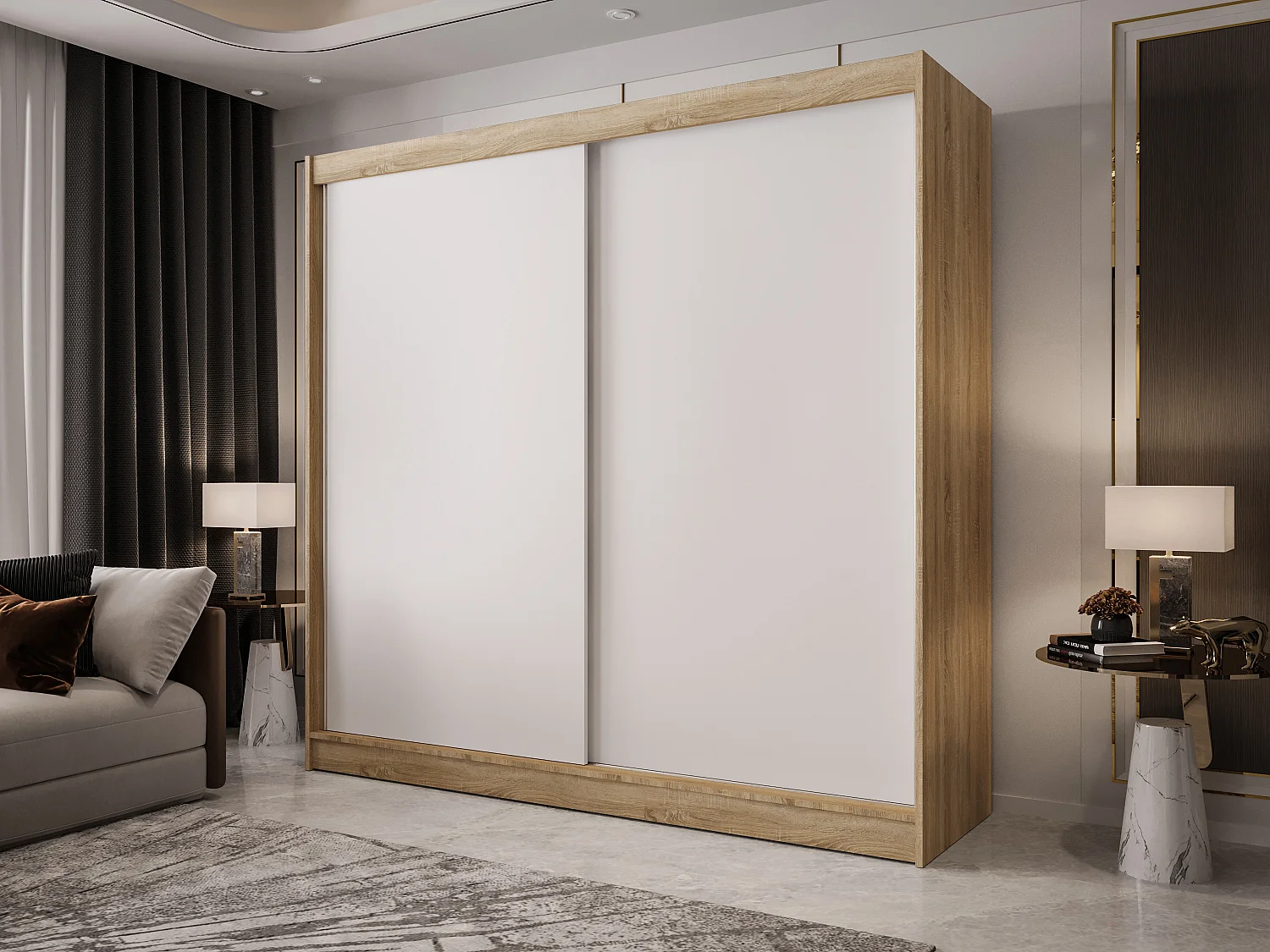 Zweitüriger Schiebeschrank mit Spiegel BOSTON B10 Sonoma/Weiß