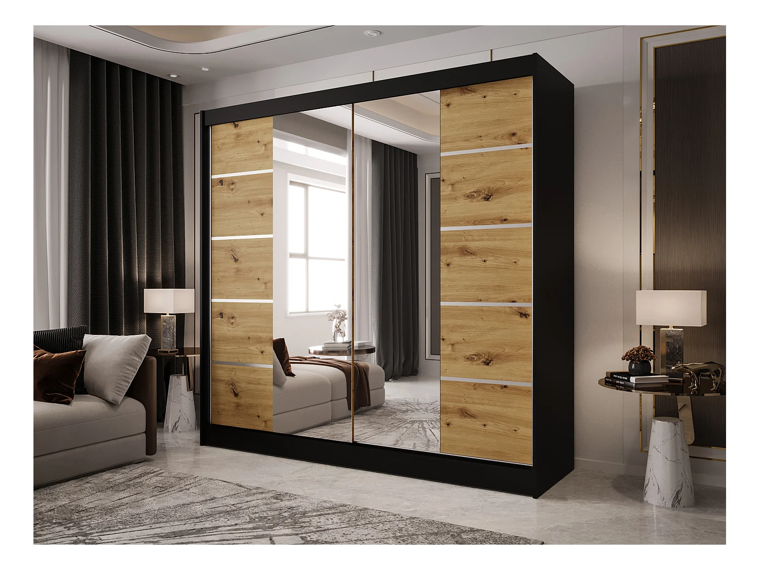Zweitüriger Schiebeschrank mit Spiegel BOSTON B5 Schwarz/Artisan