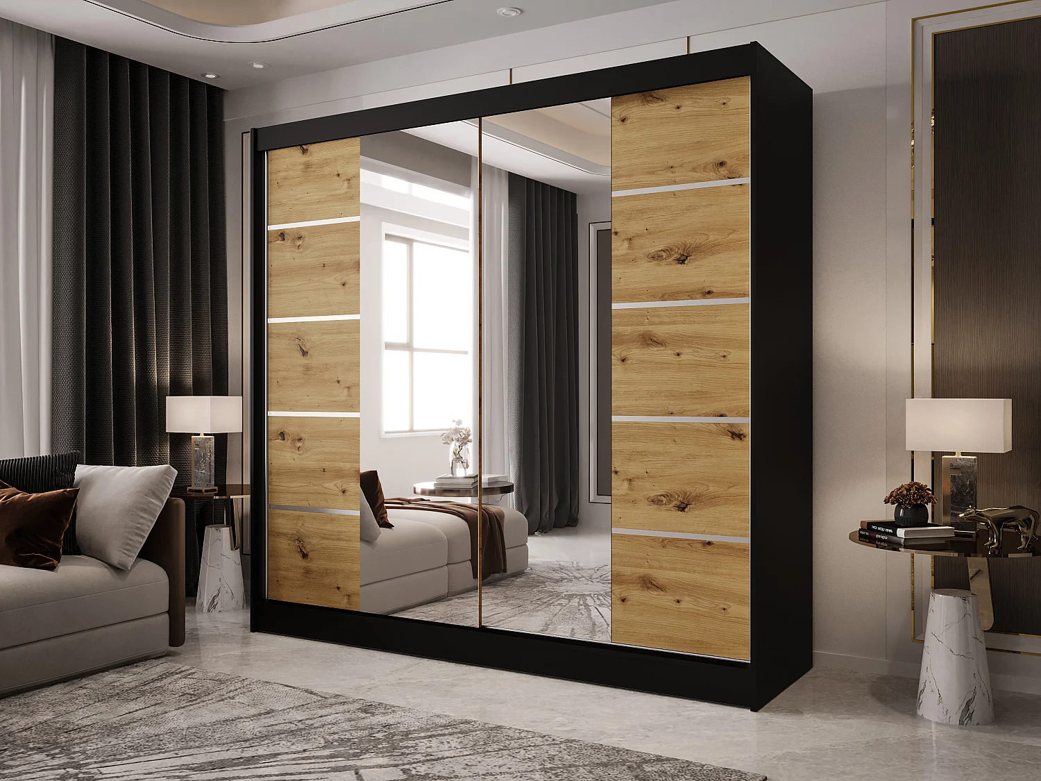 Zweitüriger Schiebeschrank mit Spiegel BOSTON B5 Schwarz/Artisan