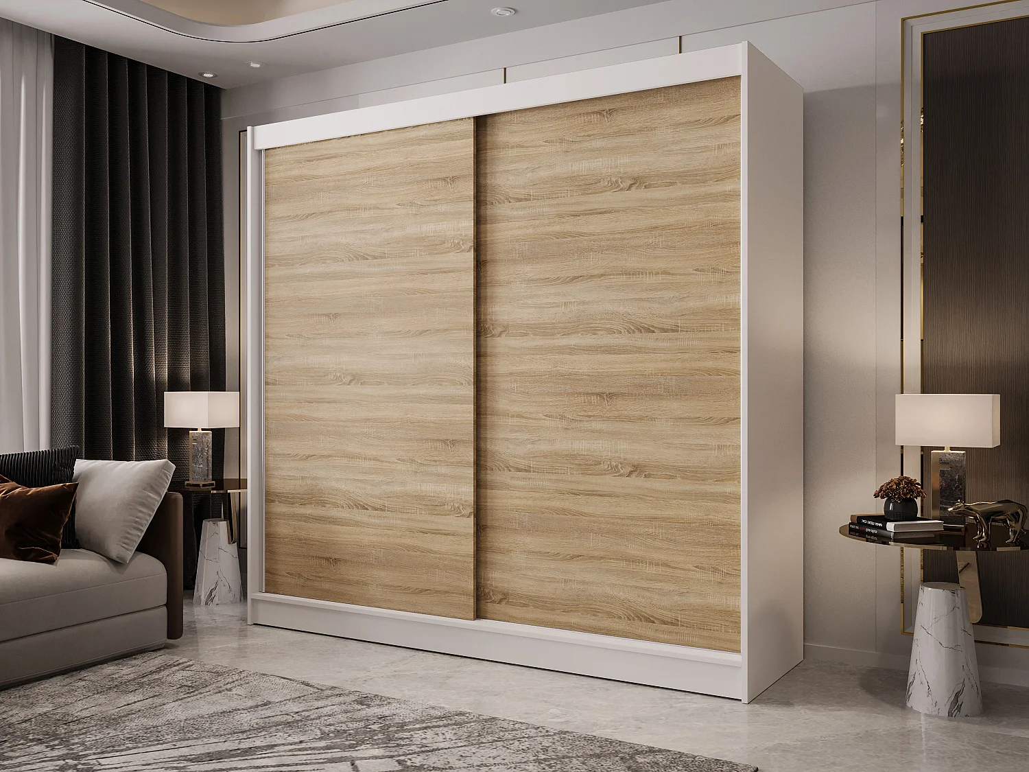 Zweitüriger Schiebeschrank mit Spiegel BOSTON B10 Weiß/Sonoma