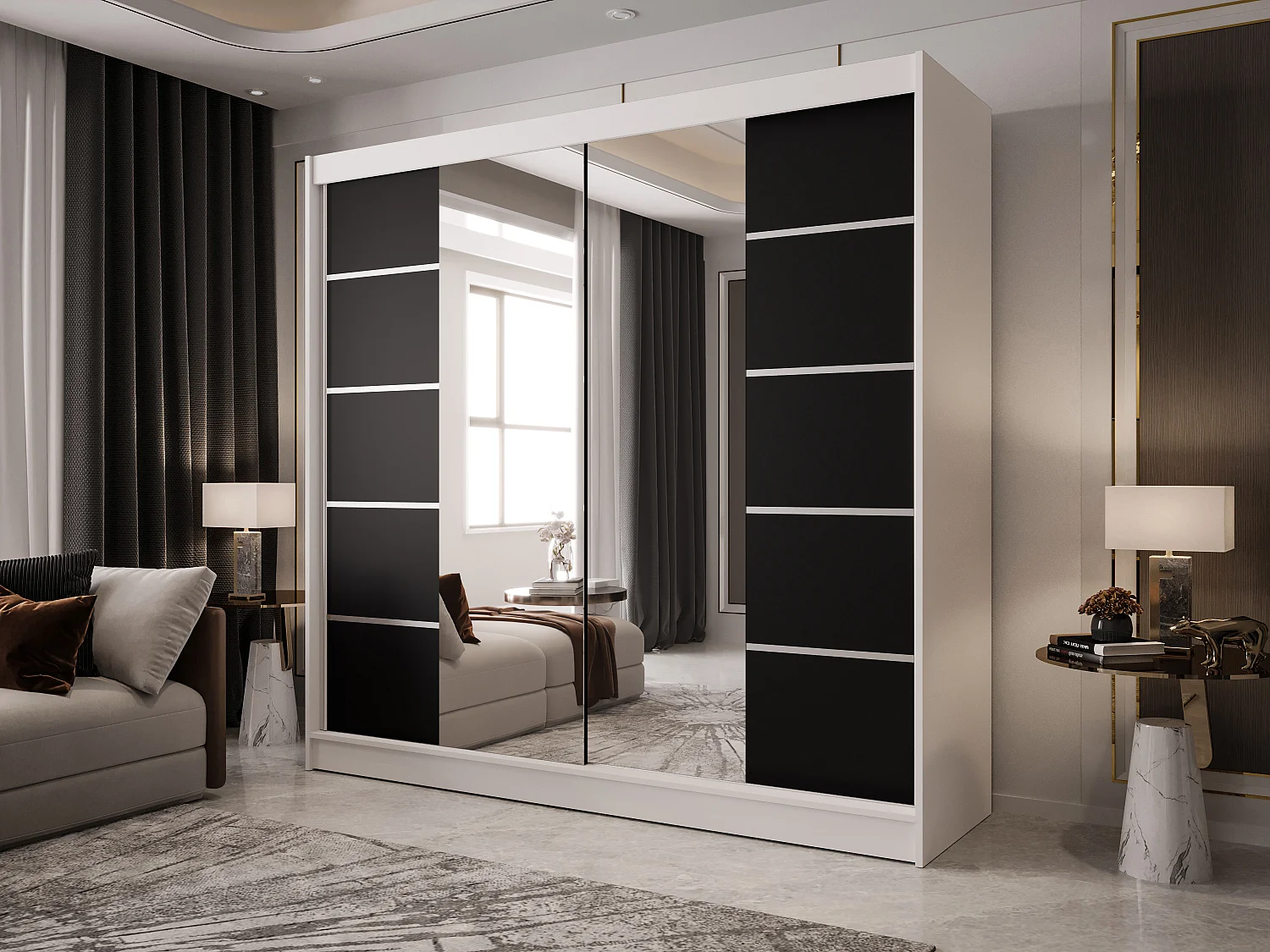 Zweitüriger Schiebeschrank mit Spiegel BOSTON B5 Weiß/Schwarz