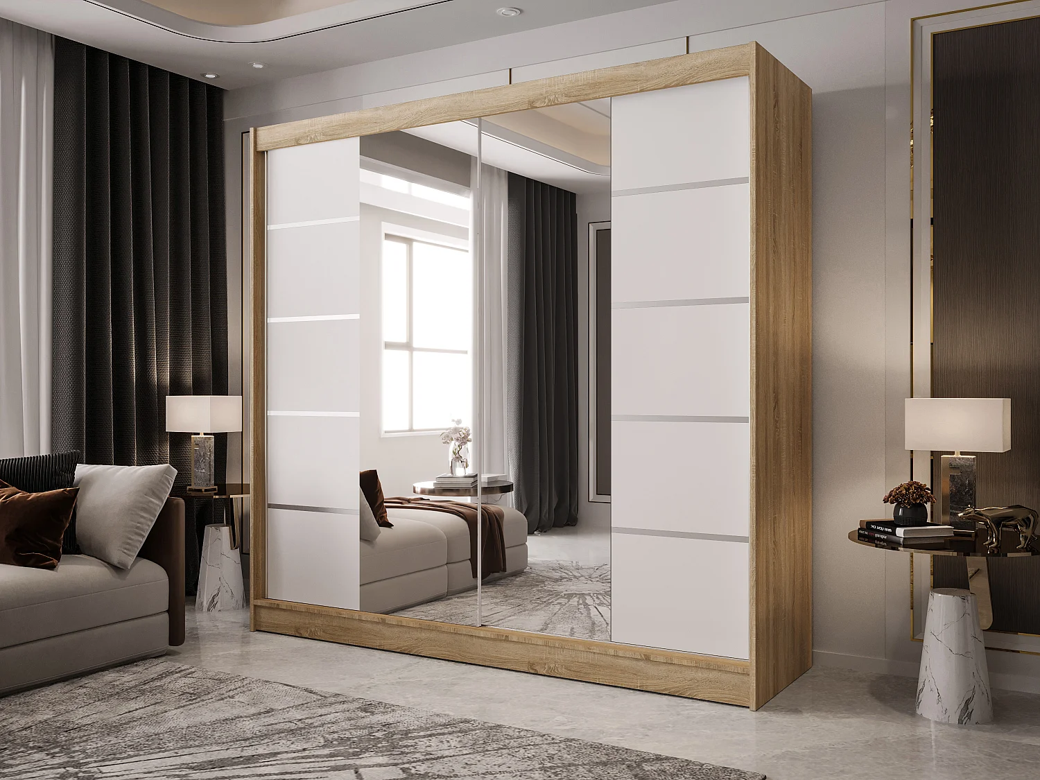 Zweitüriger Schiebeschrank mit Spiegel BOSTON B5 Sonoma/Weiß