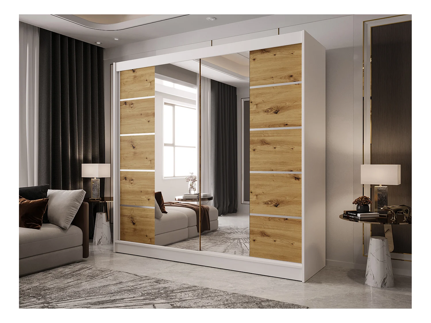 Zweitüriger Schiebeschrank mit Spiegel BOSTON B5 Weiß/Artisan