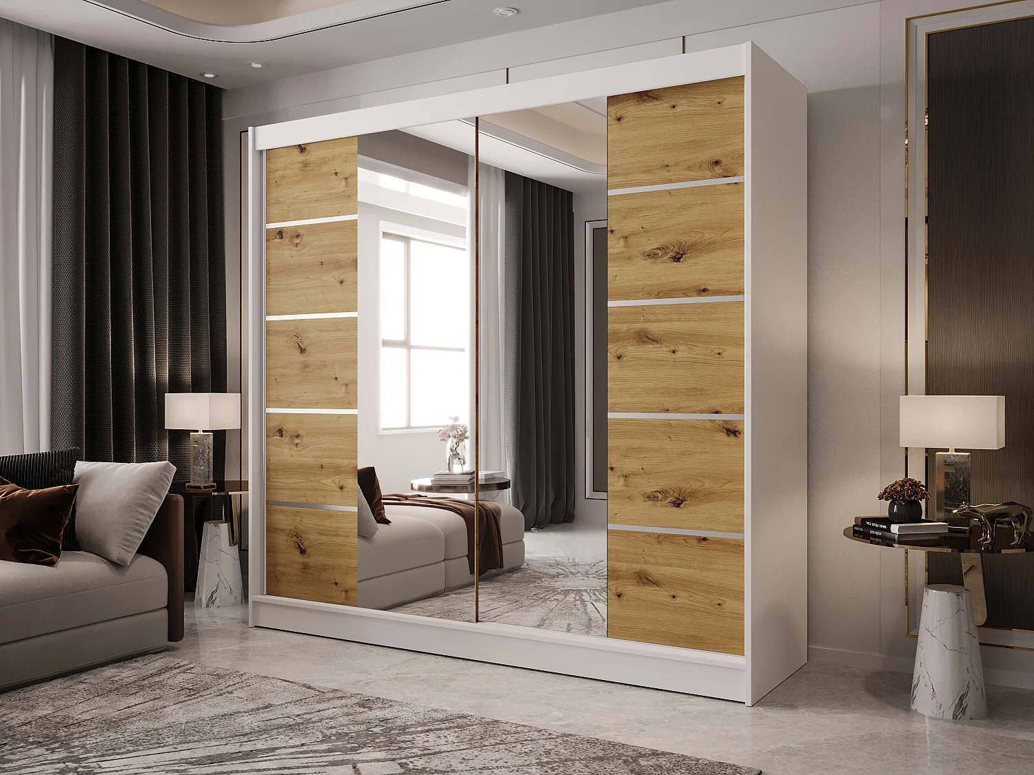 Zweitüriger Schiebeschrank mit Spiegel BOSTON B5 Weiß/Artisan