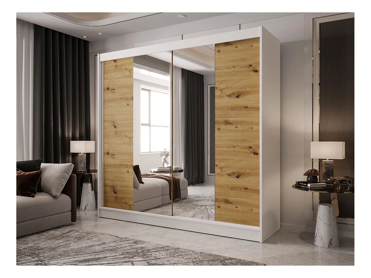 Zweitüriger Schiebeschrank mit Spiegel BOSTON B2 Weiß/Artisan