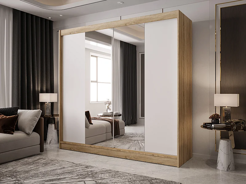 Zweitüriger Schiebeschrank mit Spiegel BOSTON B2 Sonoma/Weiß