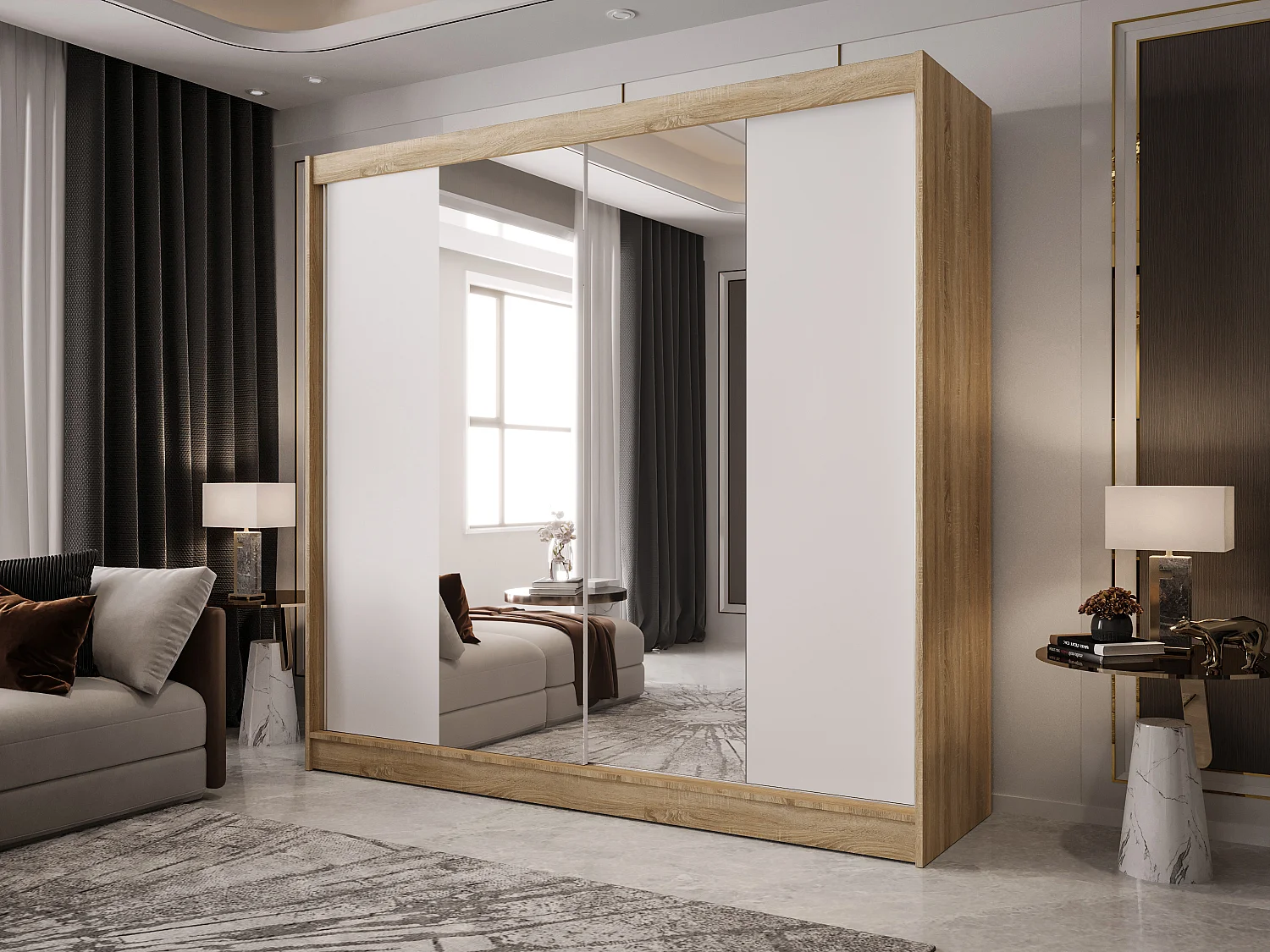 Zweitüriger Schiebeschrank mit Spiegel BOSTON B2 Sonoma/Weiß