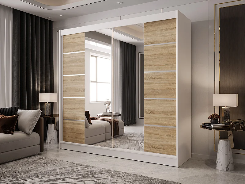 Zweitüriger Schiebeschrank mit Spiegel BOSTON B5 Weiß/Sonoma