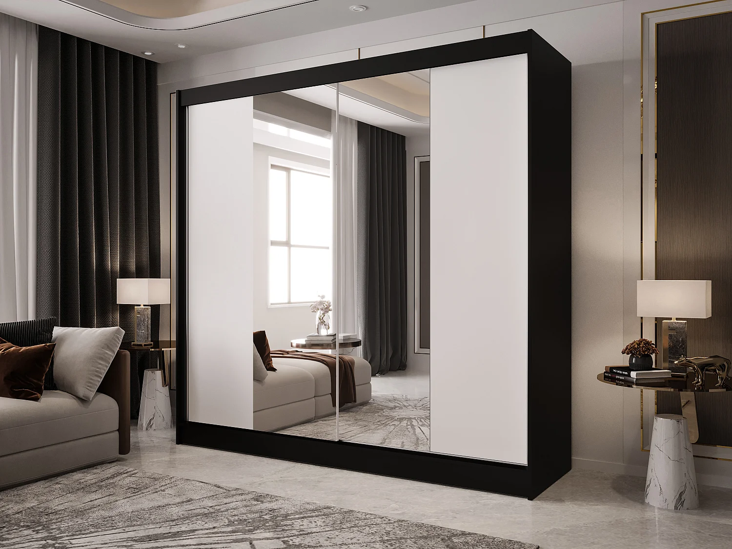 Zweitüriger Schiebeschrank mit Spiegel BOSTON B2 Schwarz/Weiß