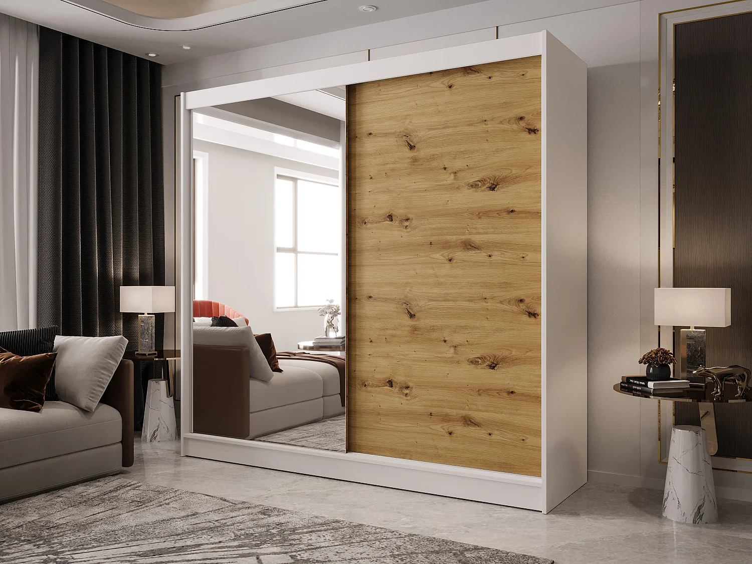 Zweitüriger Schiebeschrank mit Spiegel BOSTON B1 Weiß/Artisan