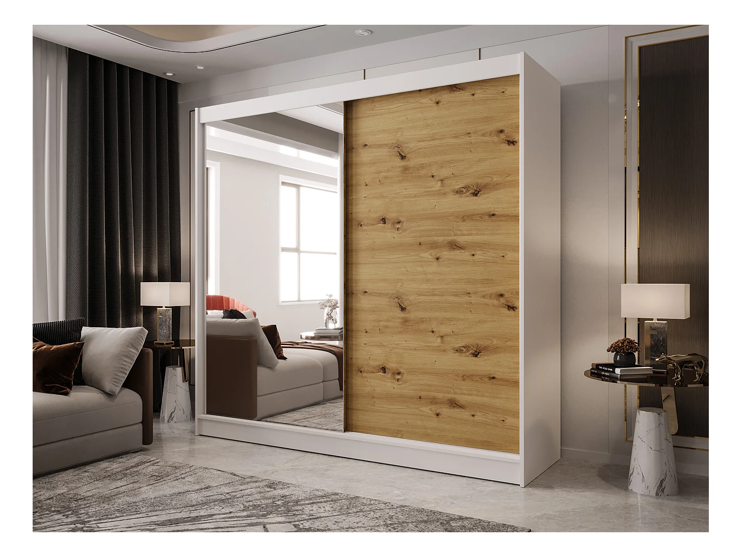 Zweitüriger Schiebeschrank mit Spiegel BOSTON B1 Weiß/Artisan