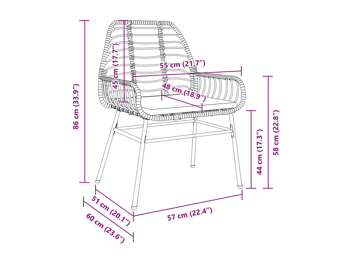 Chaises de jardin lot de 2 et coussins marron rotin