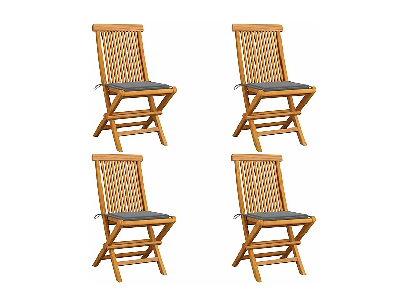 Conjunto de 4 cadeiras de jardim e almofadas cinza em madeira maciça de teca
