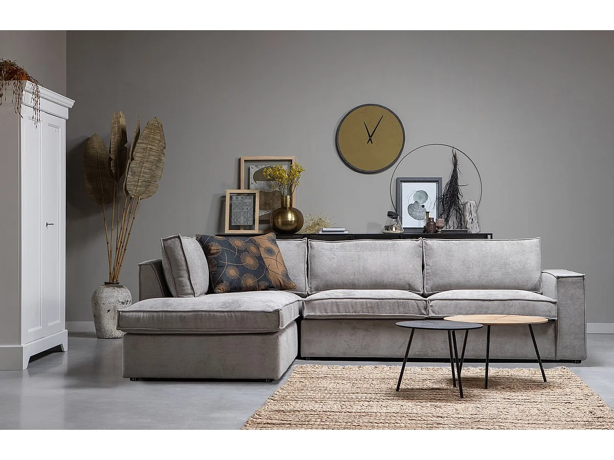 THOMAS - Canapé d'angle gauche 5 places en velours côtelé gris vert