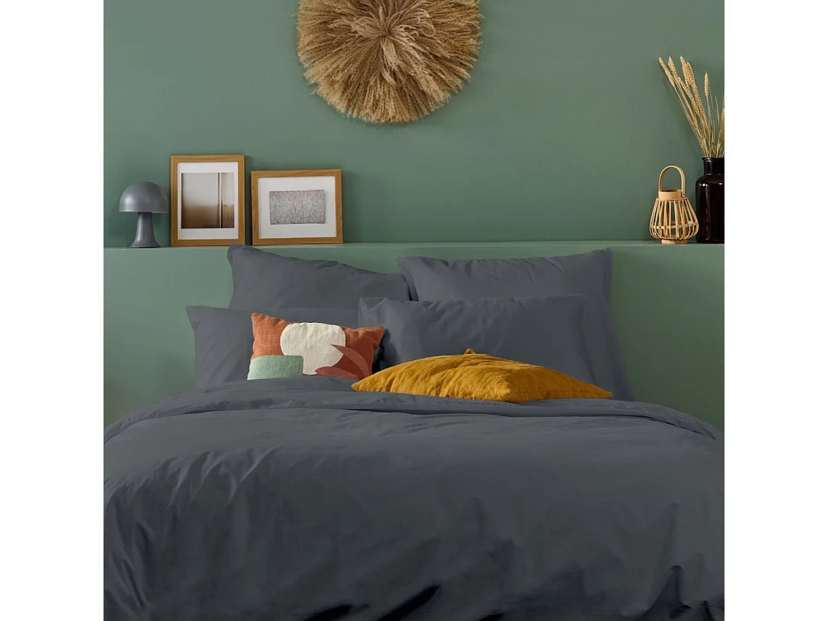 Parure de lit unie 2 personnes percale de coton : Housse 240x260cm+ 2 taie 65x65cm- Anthracite