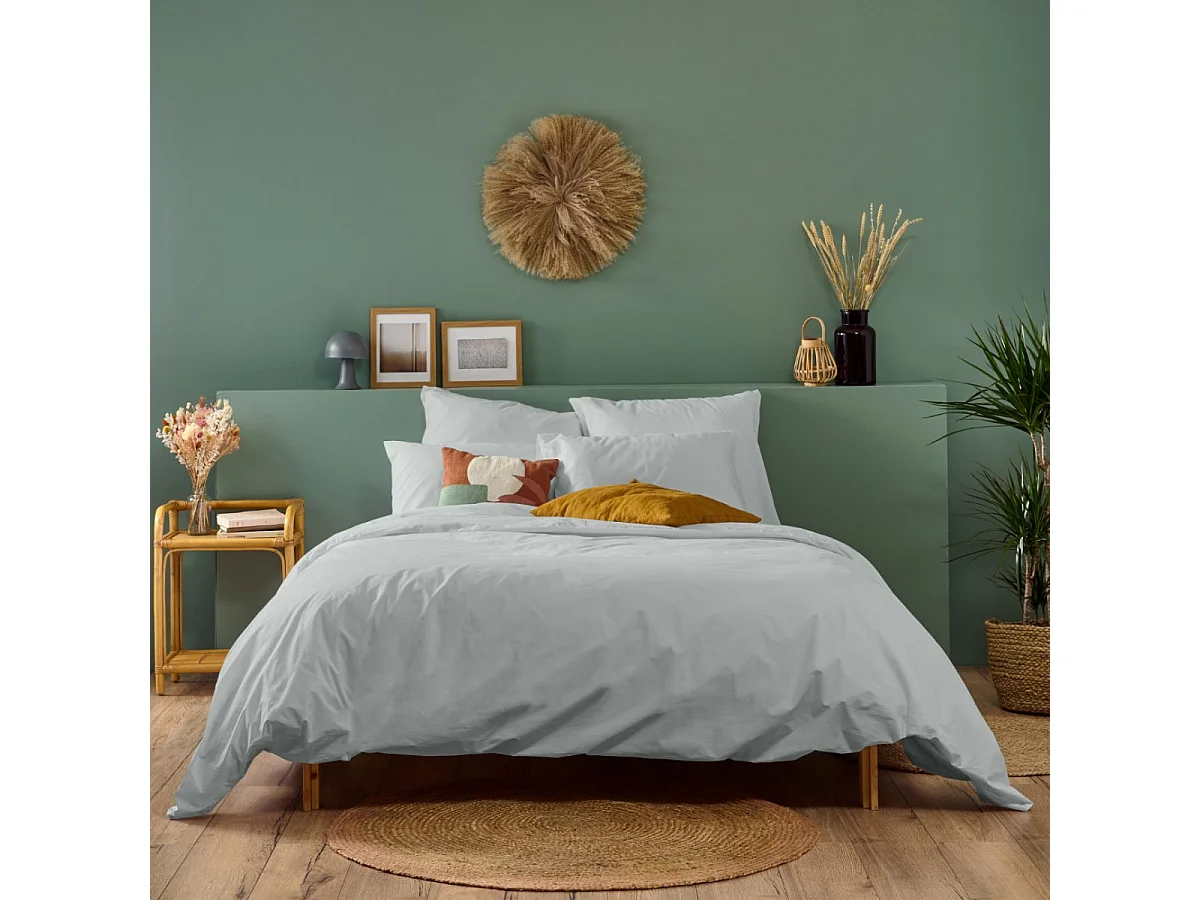 Parure de lit unie 1 personne percale de coton : Housse 140x200cm+ 1 taie 65x65cm- Gris Clair