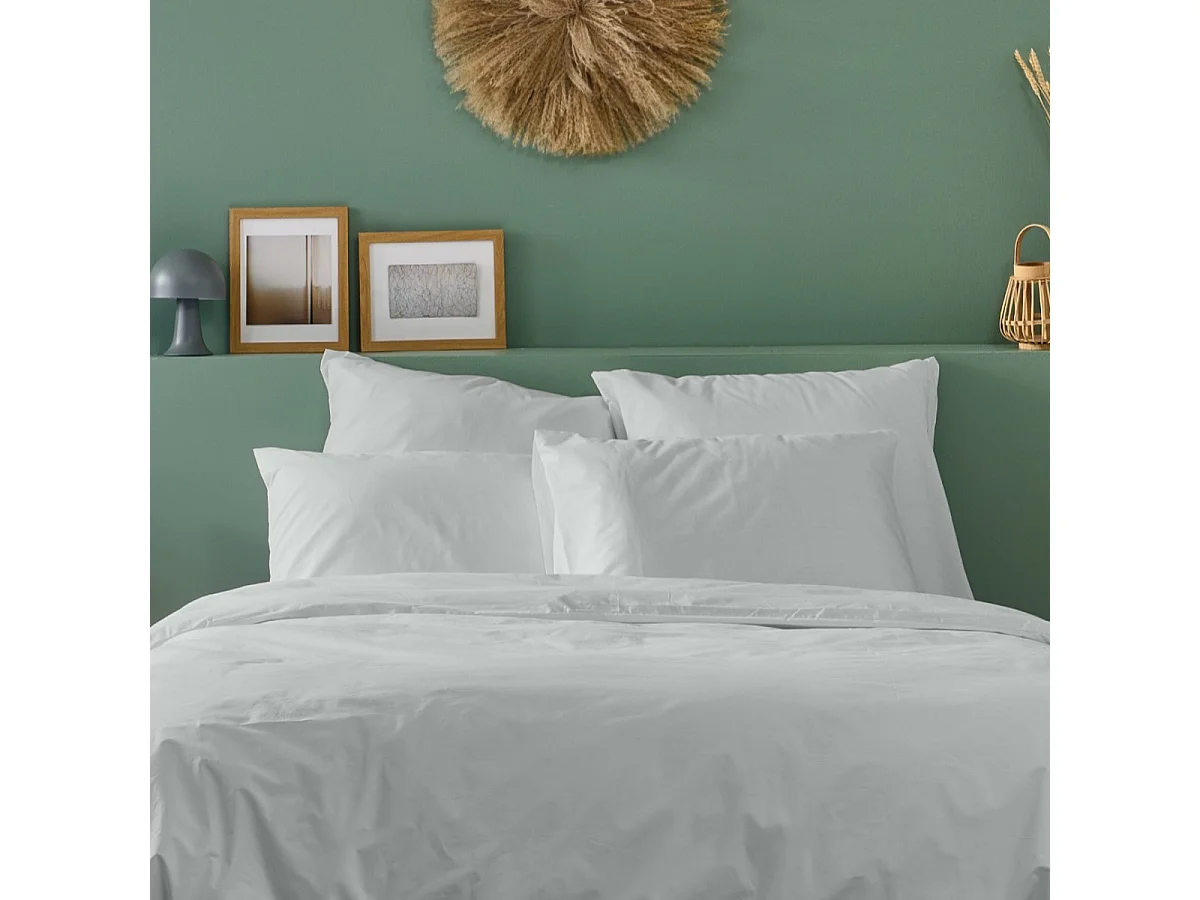 Parure de lit unie 2 personnes percale de coton : Housse 220x240cm+ 2 taie 65x65cm- Gris Clair