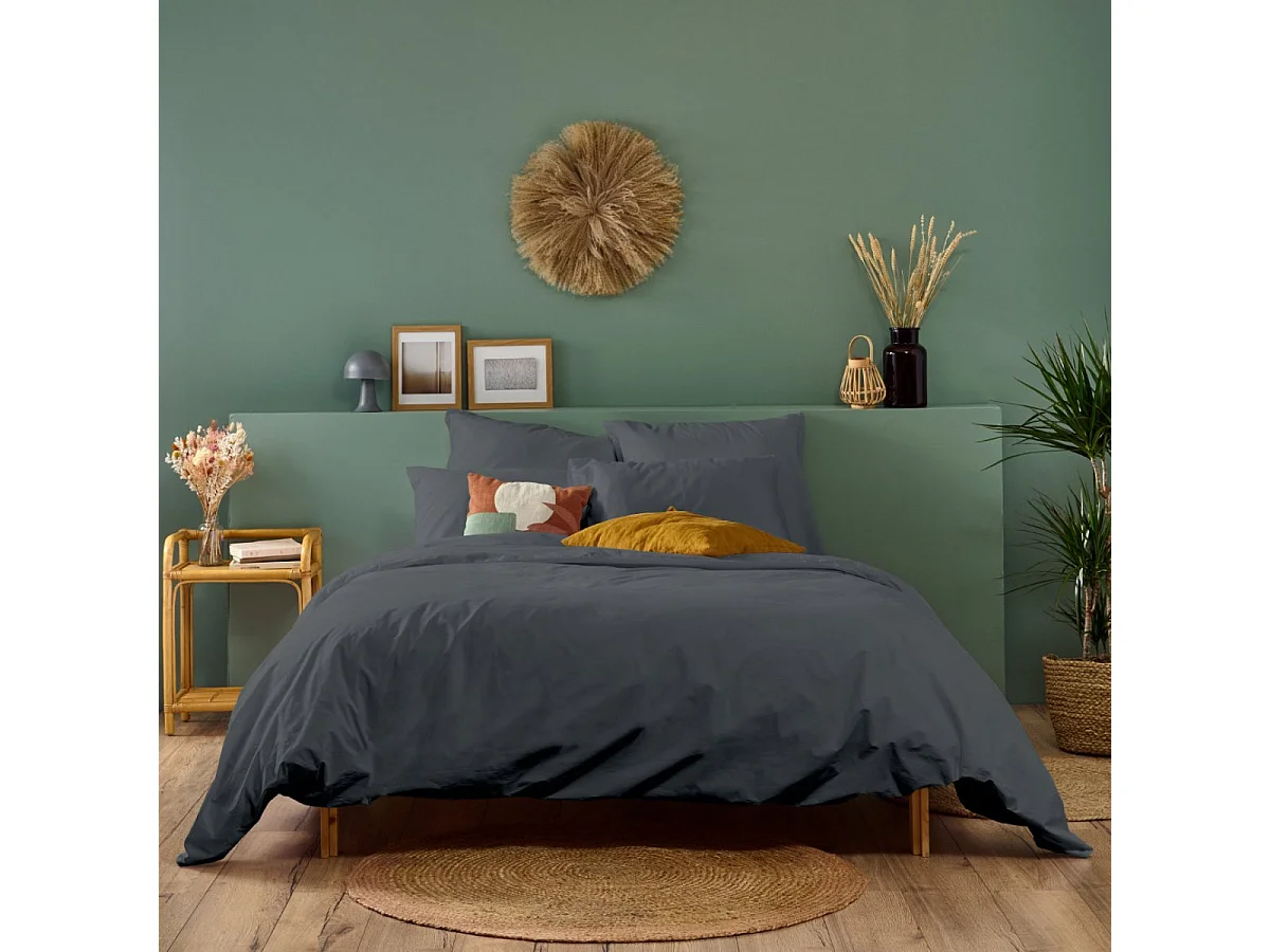Parure de lit unie 2 personnes percale de coton : Housse 220x240cm+ 2 taie 65x65cm- Anthracite