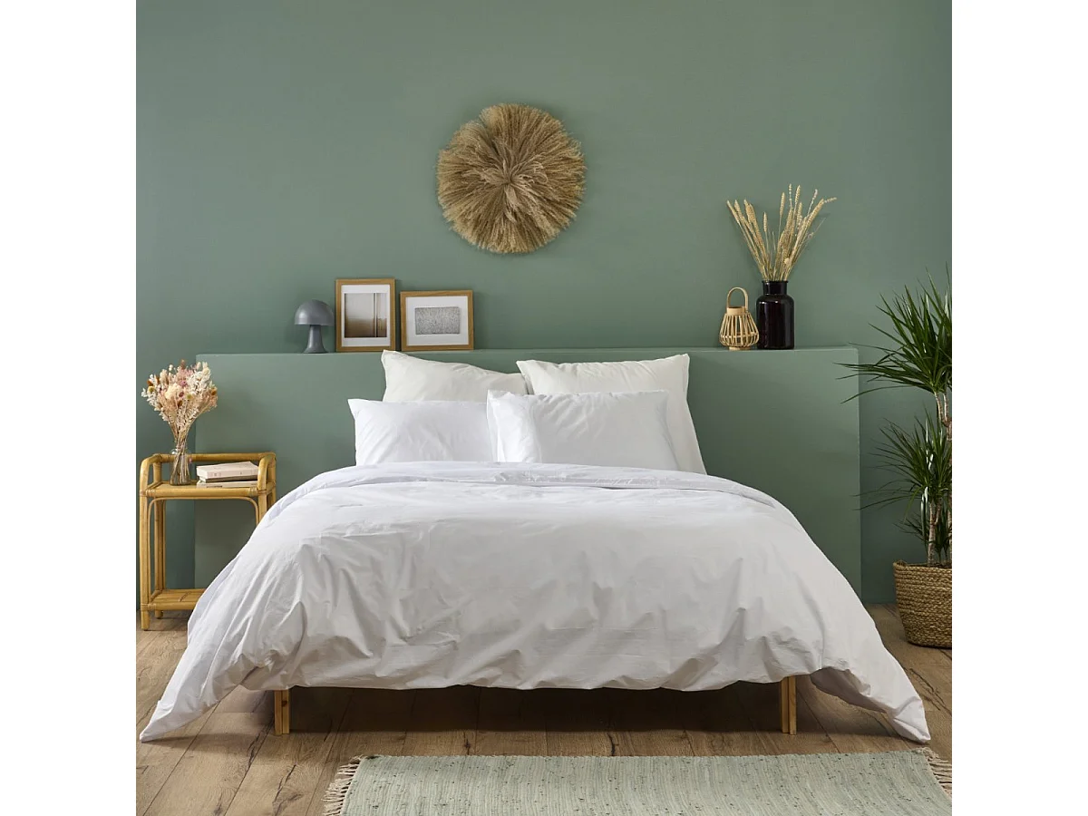 Parure de lit unie 1 personne percale de coton : Housse 140x200cm+ 1 taie 65x65cm- Blanc