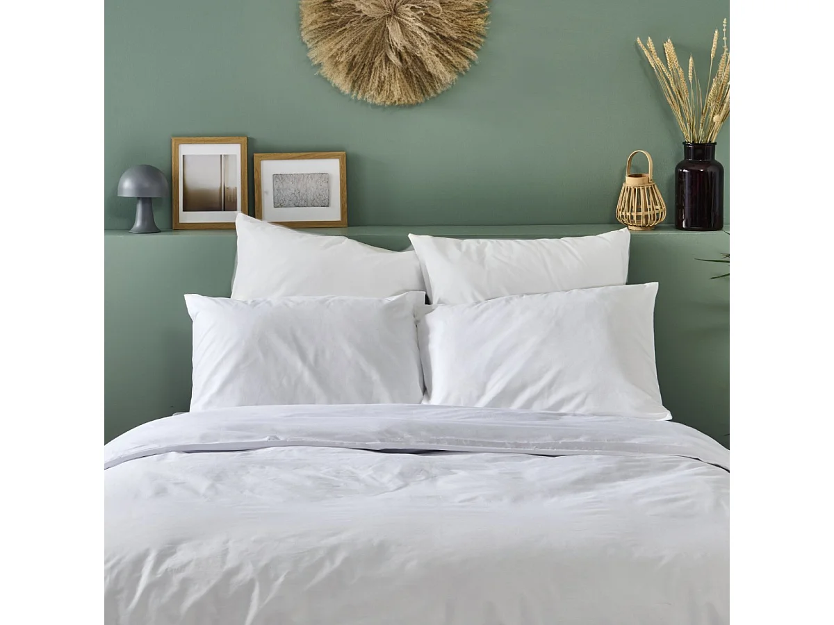 Parure de lit unie 1 personne percale de coton : Housse 140x200cm+ 1 taie 65x65cm- Blanc