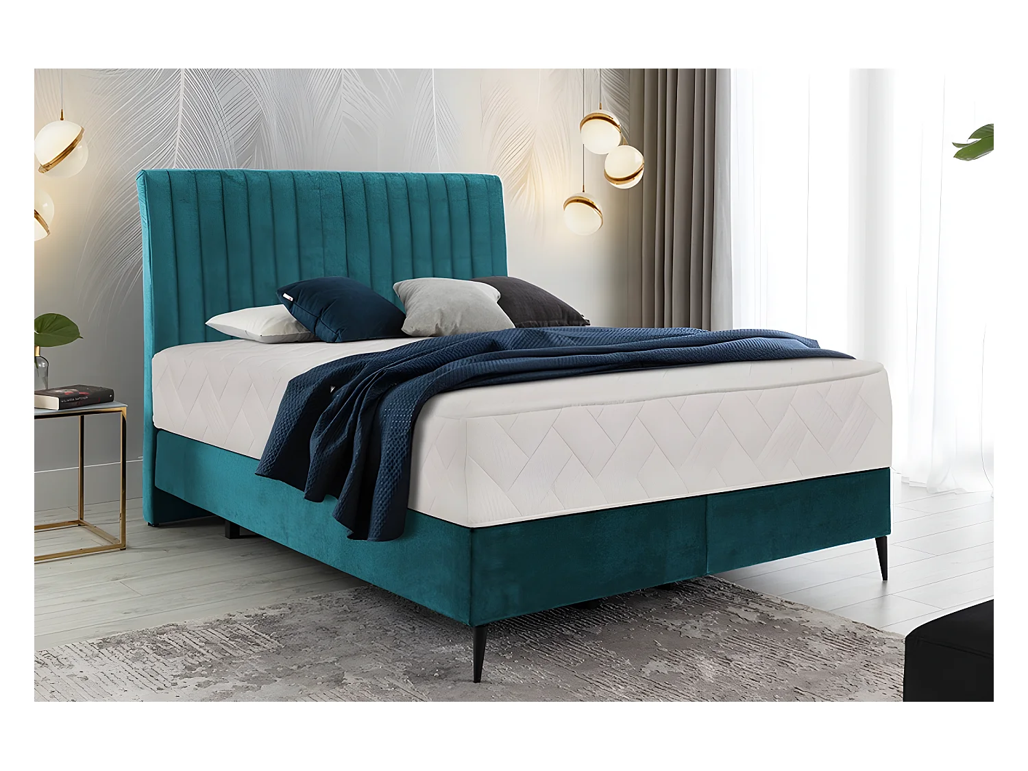 Ensemble lit + sommier + matelas BLASIO de VENESETTI - velours bleu turquoise - 160x200 cm