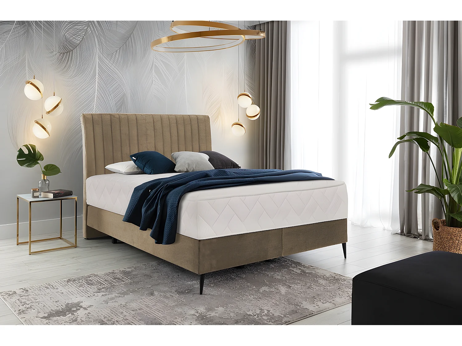 Ensemble lit + sommier + matelas tissu velours beige - 140x200 cm - BLASIO de VENESETTI