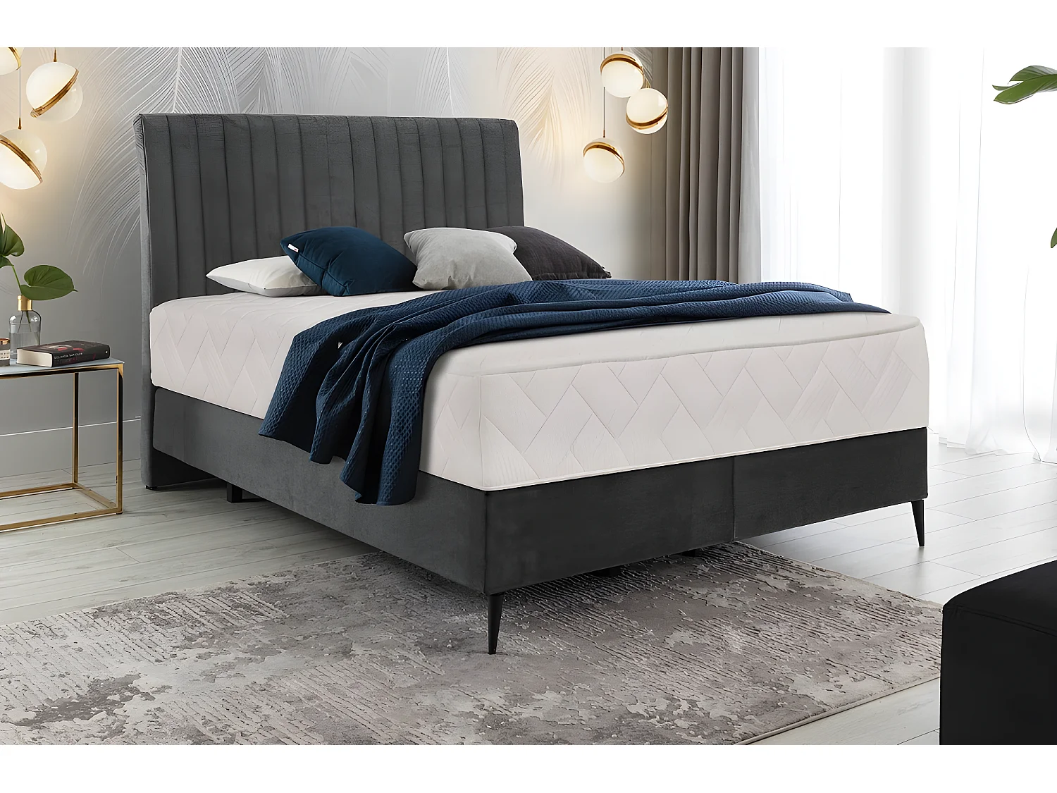 Ensemble lit + sommier + matelas en tissu velours anthracite - 140x200 cm - BLASIO de VENESETTI