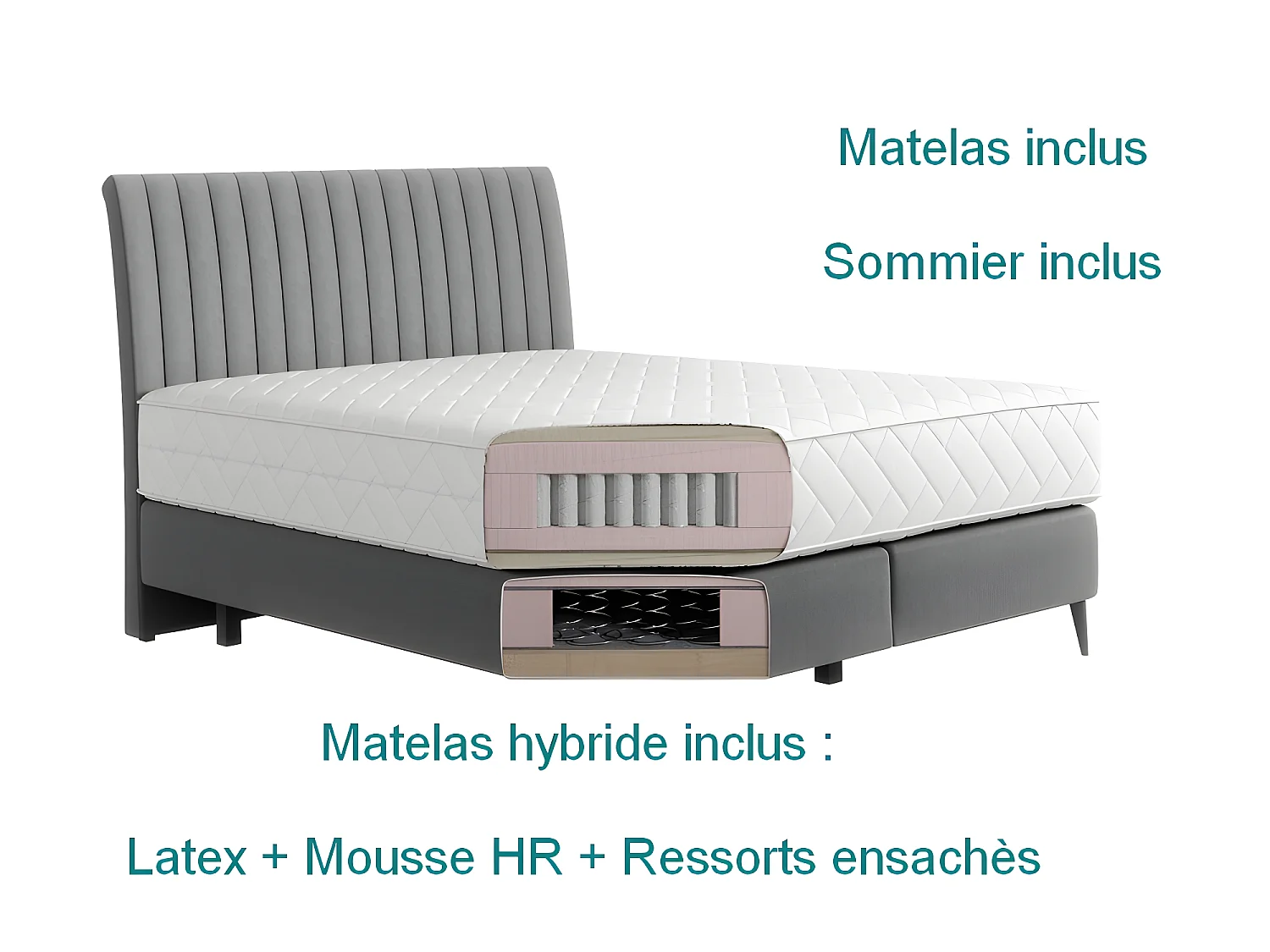Ensemble lit + sommier + matelas en tissu velours anthracite - 140x200 cm - BLASIO de VENESETTI