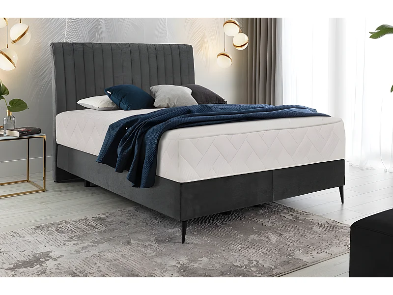Bed + Boxspring + Matras van Antraciet Fluweel - BLASIO van VENESETTI, 140x200 cm, Multilagen van Luxe, Pocketveren, Zwarte Metalen Poten