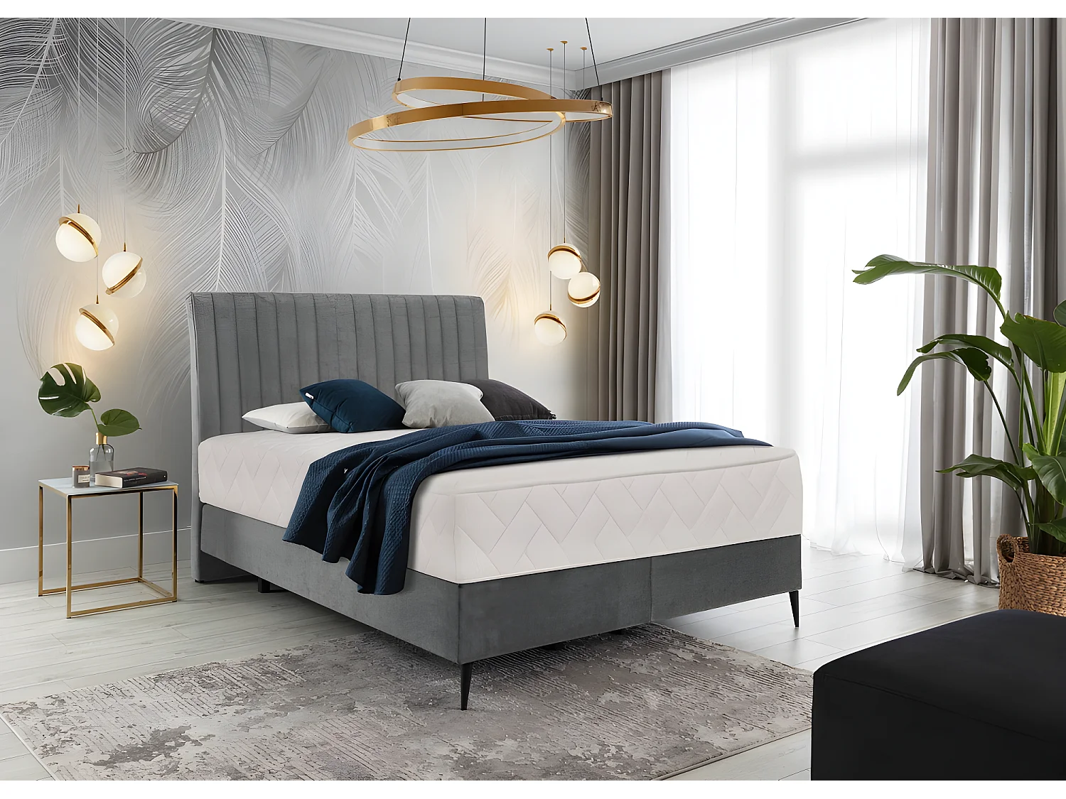 Ensemble lit + sommier + matelas en tissu velours gris - 140x200 cm - BLASIO de VENESETTI