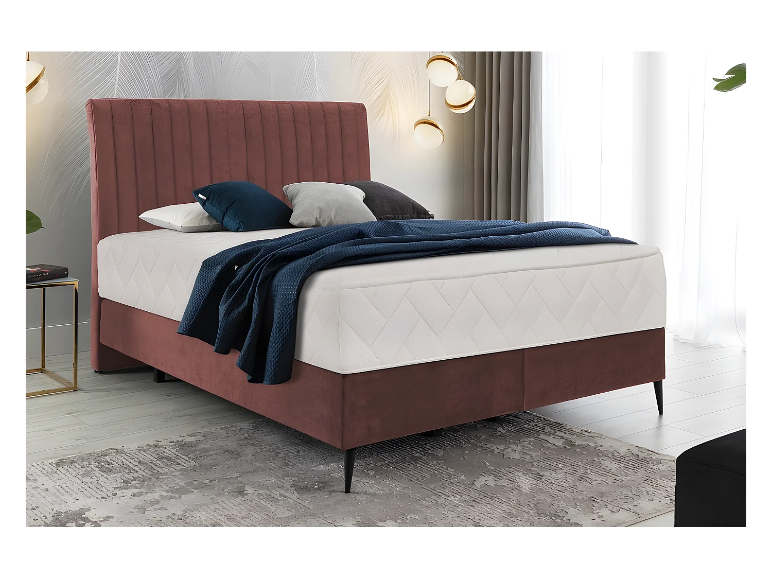 Ensemble lit + sommier + matelas BLASIO de VENESETTI - velours rose pale - 180x200 cm