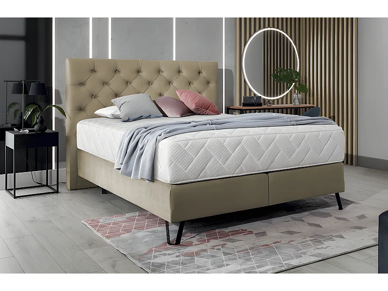 Ensemble lit + sommier + matelas - velours beige - 160x200 cm - CORSICA