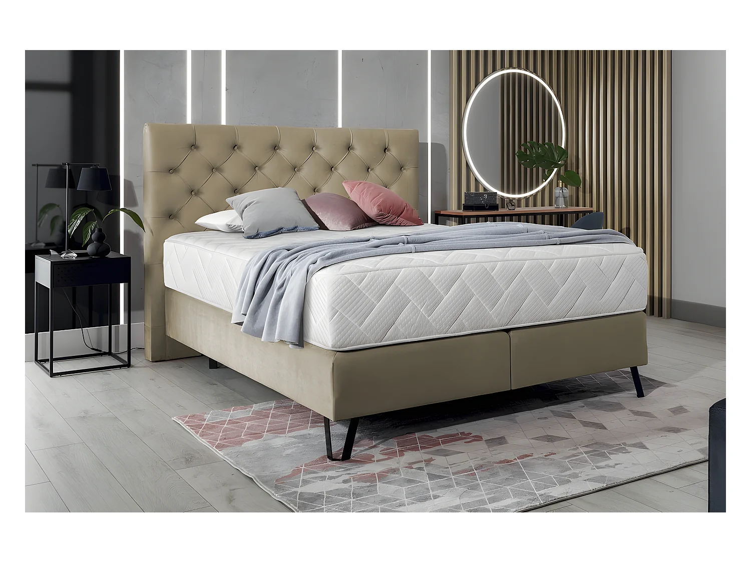 Ensemble lit + sommier + matelas - velours beige - 160x200 cm - CORSICA