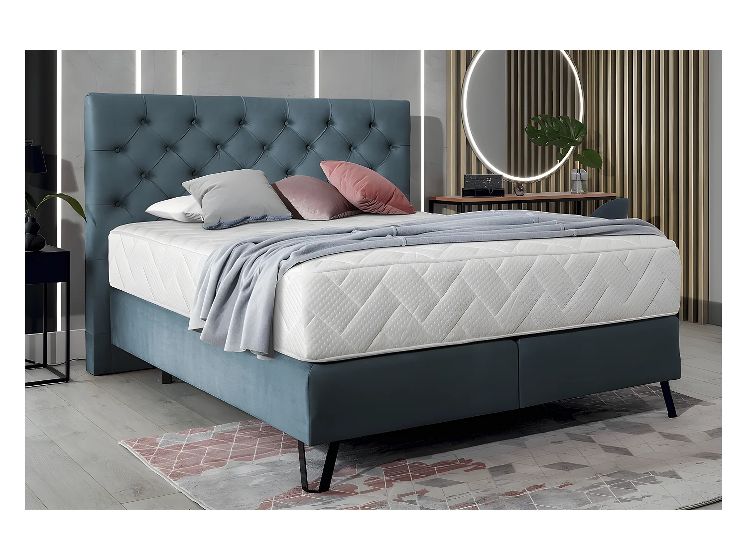 Ensemble lit + sommier + matelas - velours bleu reflet vert - 160x200 cm - CORSICA