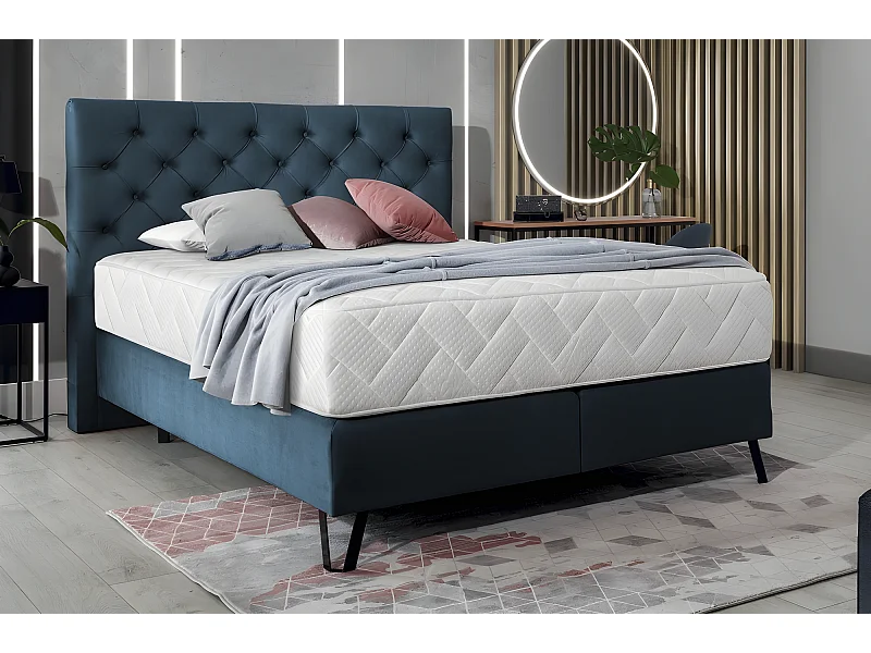 Ensemble lit + sommier + matelas - velours bleu foncé - 140x200 cm - CORSICA