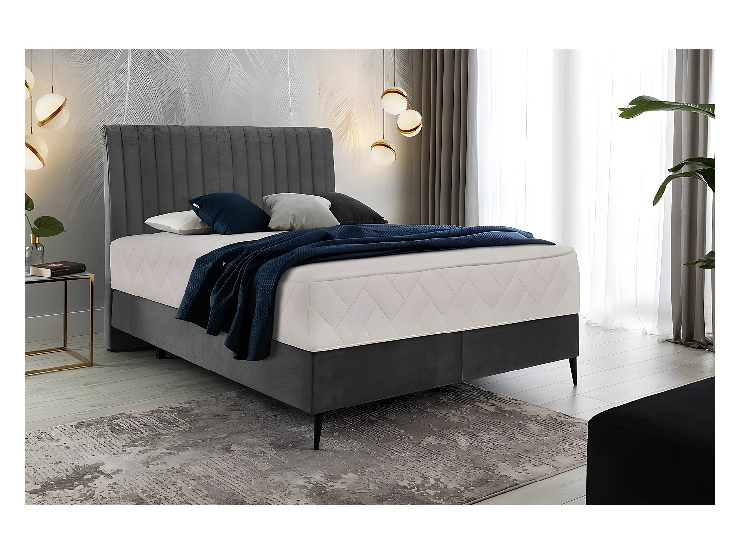 Bed + boxspring + matras van donkergrijze fluwelen stof BLASIO van VENESETTI - Comfortabel en elegant voor dromerige nachten