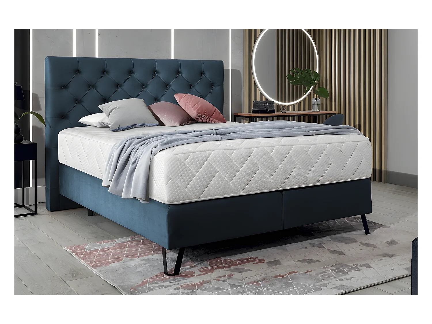 Ensemble lit + sommier + matelas - velours bleu foncé - 160x200 cm - CORSICA