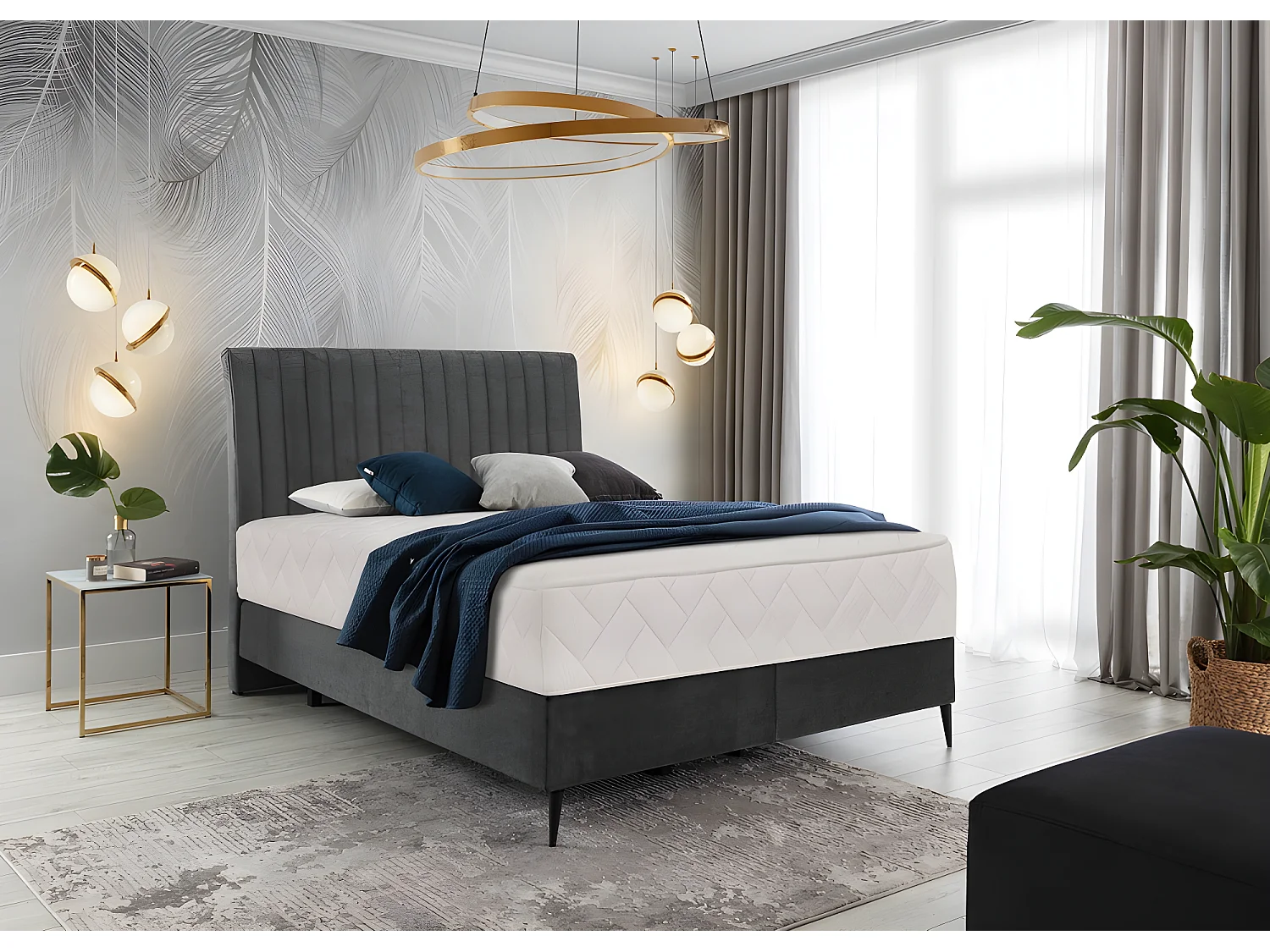 Ensemble lit + sommier + matelas tissu velours anthracite - 180x200 cm- BLASIO de VENESETTI