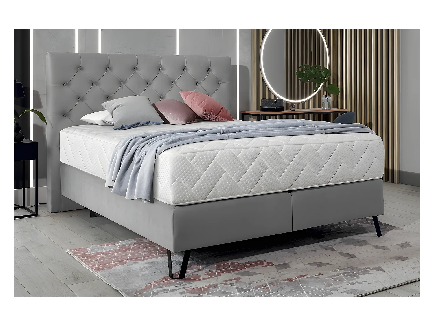 Ensemble lit + sommier + matelas - velours gris - 160x200 cm - CORSICA