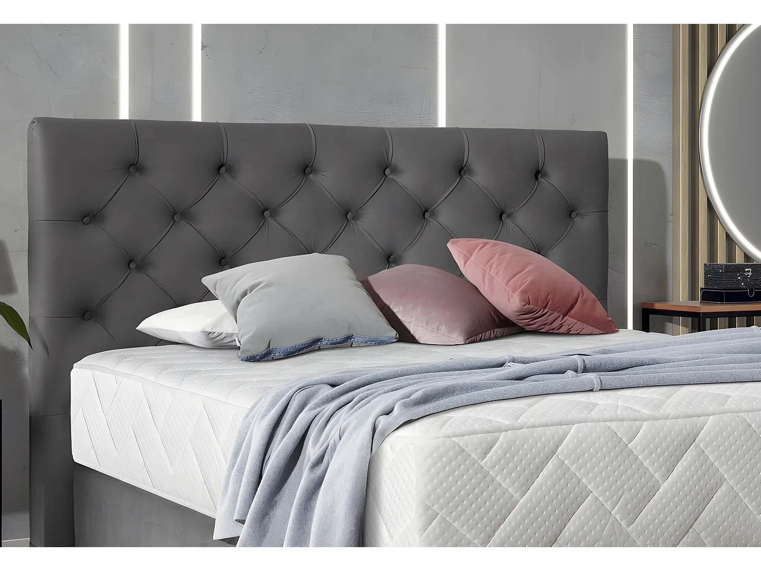 Ensemble lit + sommier + matelas - velours gris foncé - 140x200 cm - CORSICA