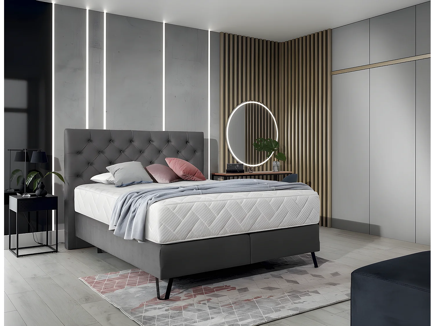 Ensemble lit + sommier + matelas - velours gris foncé - 140x200 cm - CORSICA