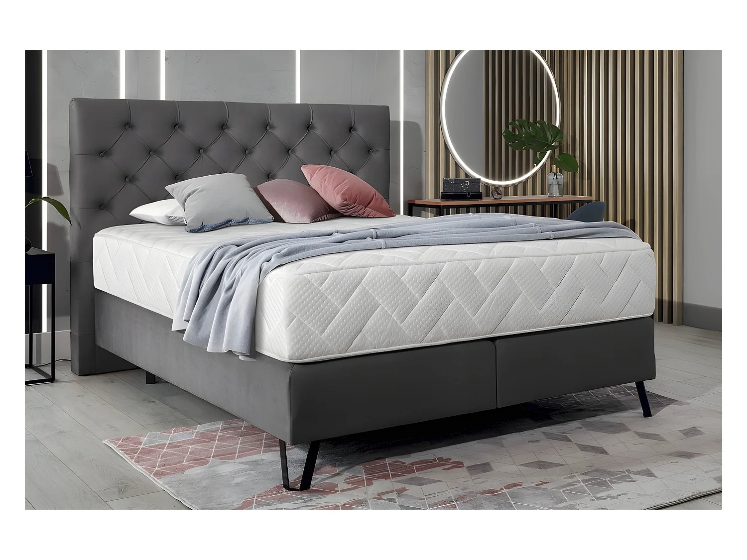 Ensemble lit + sommier + matelas - velours gris foncé - 140x200 cm - CORSICA