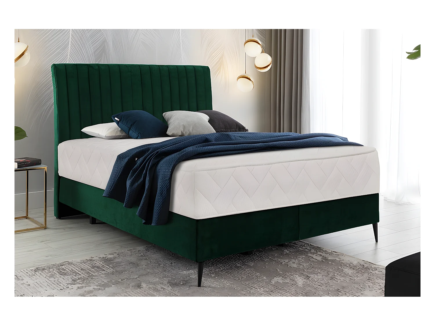 Ensemble lit + sommier + matelas BLASIO de VENESETTI - velours vert foncé - 160x200 cm