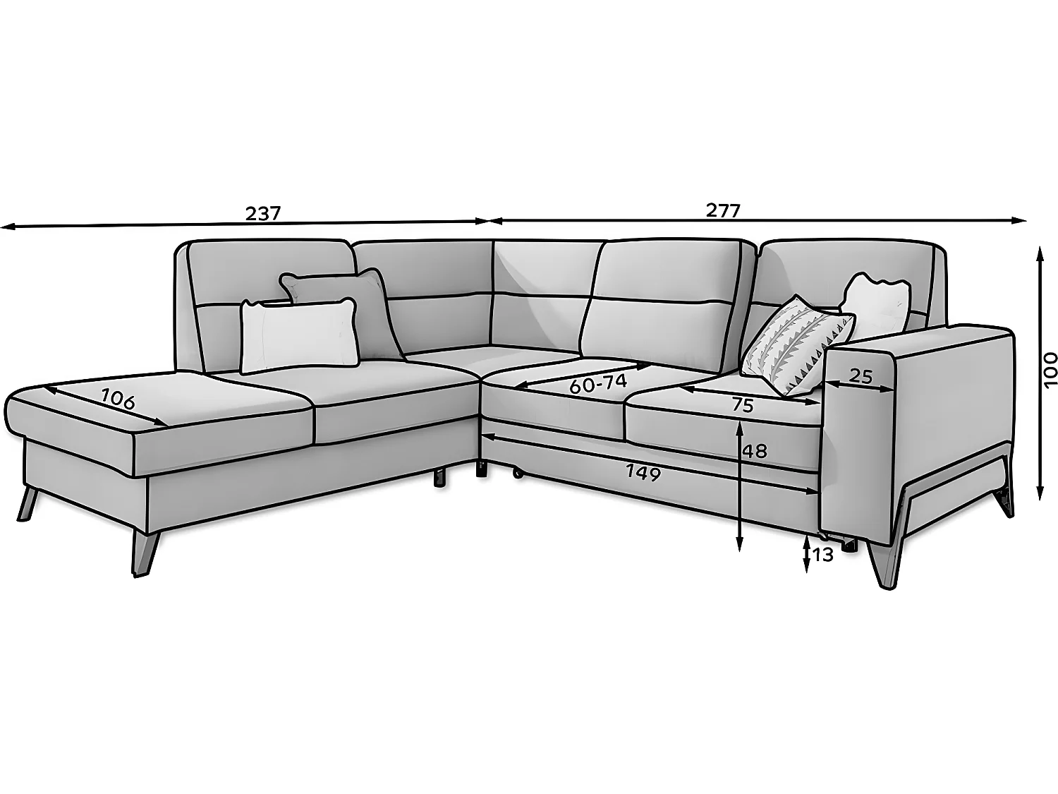 Canapé d'angle convertible - CASTA VELOURS - en tissu Luxe, gris, 5/6 places, angle gauche (vu de face)