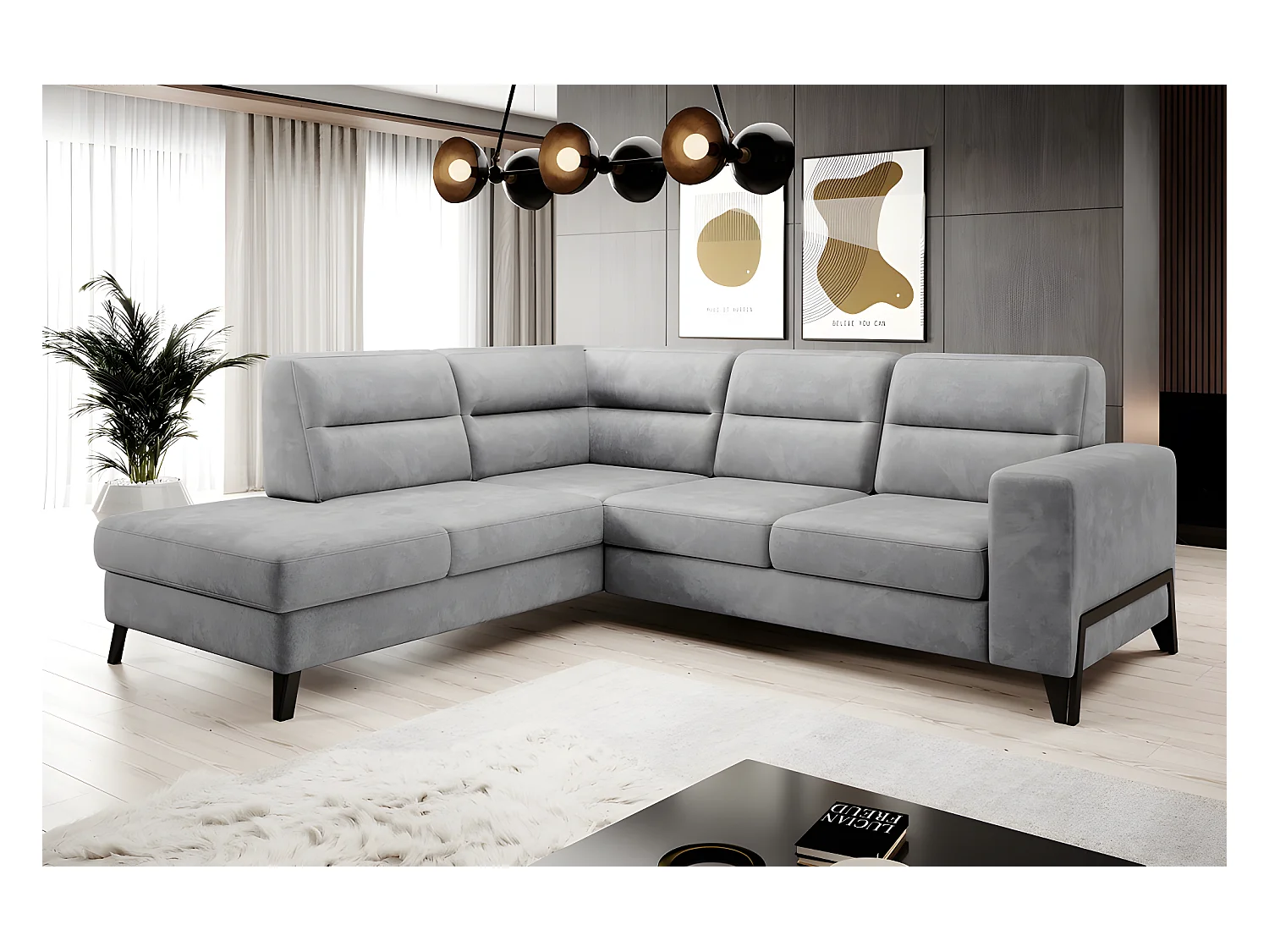 Canapé d'angle convertible - CASTA VELOURS - en tissu Luxe, gris, 5/6 places, angle gauche (vu de face)