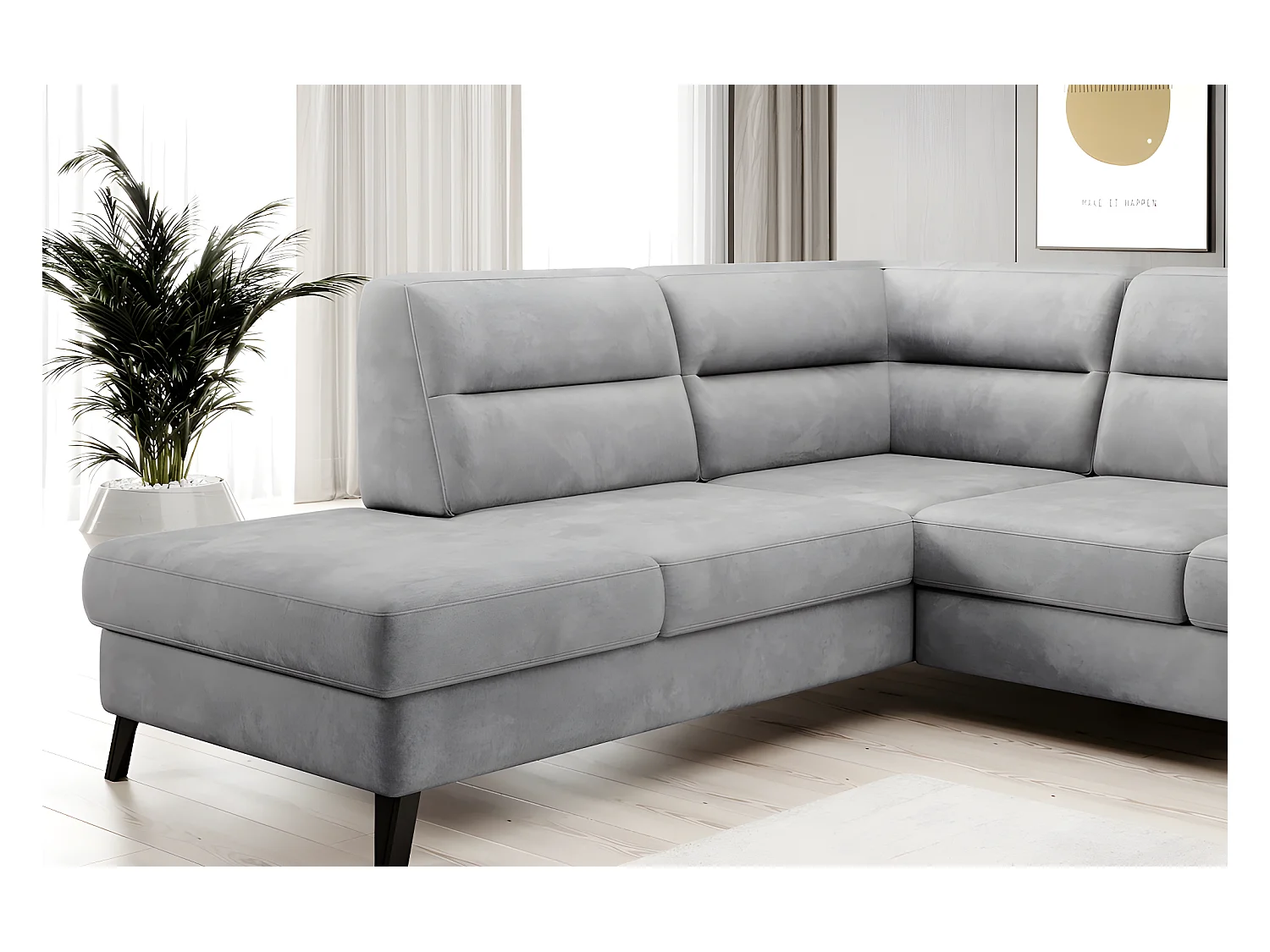 Canapé d'angle convertible - CASTA VELOURS - en tissu Luxe, gris, 5/6 places, angle gauche (vu de face)