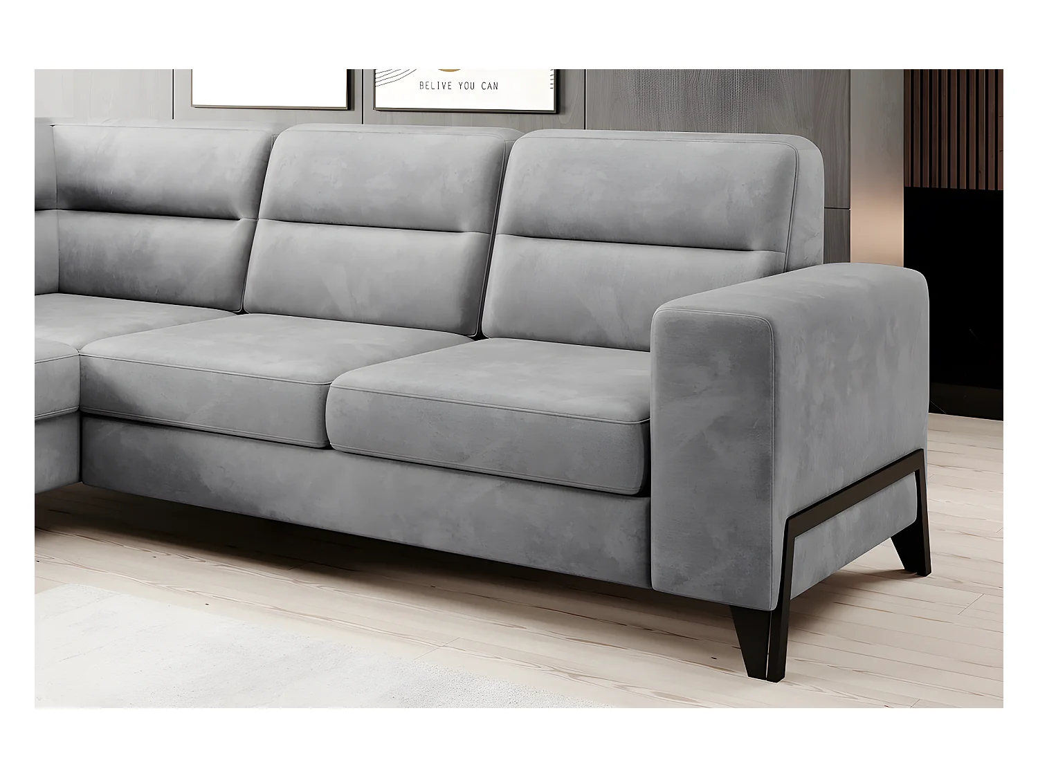 Canapé d'angle convertible - CASTA VELOURS - en tissu Luxe, gris, 5/6 places, angle gauche (vu de face)