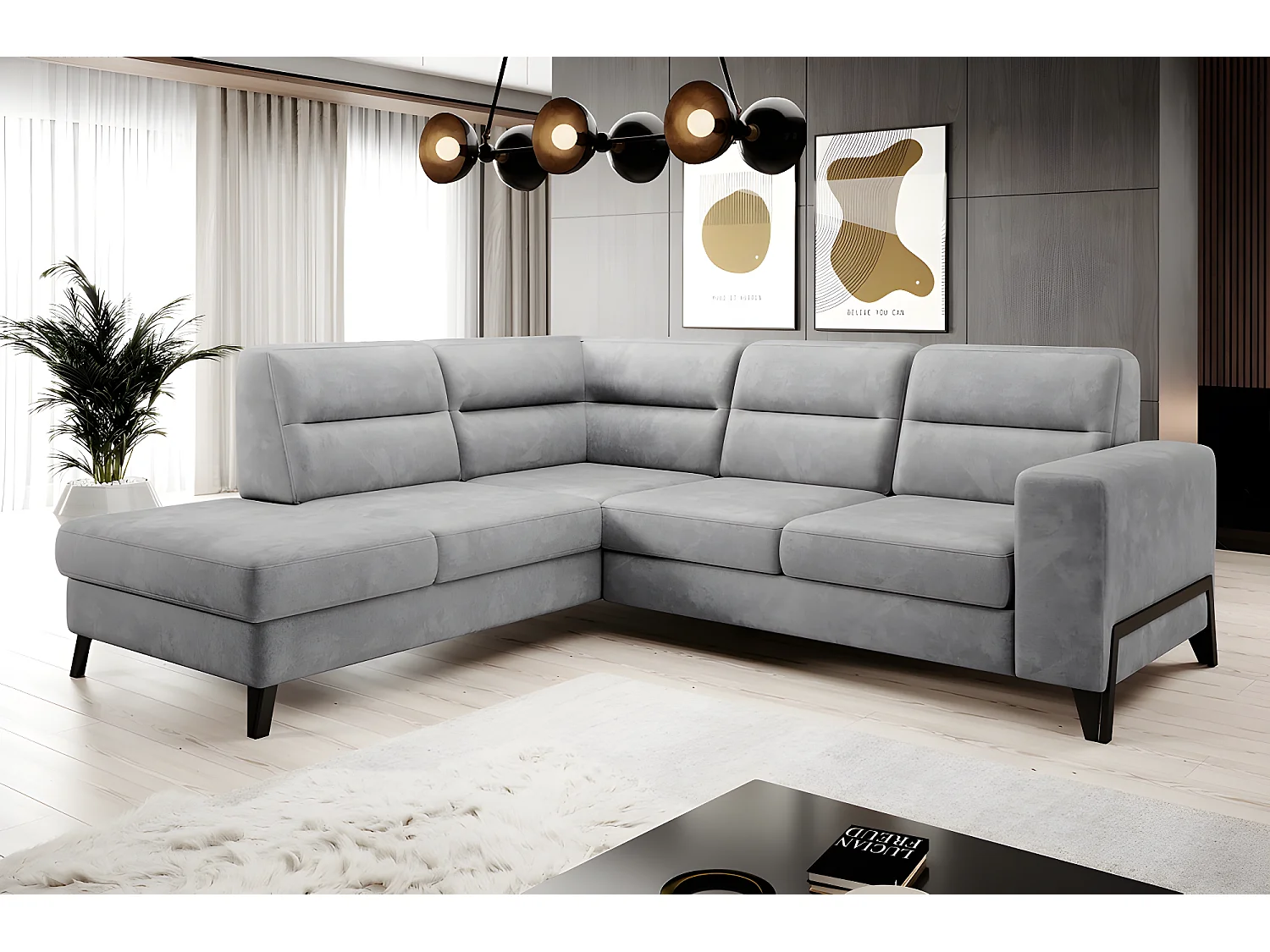 Canapé d'angle convertible - CASTA VELOURS - en tissu Luxe, gris, 5/6 places, angle gauche (vu de face)