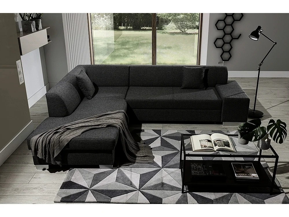 Canapé d'angle convertible en tissu luxe 5 places, coffre - noir, angle gauche (vu de face), PORTOFINO